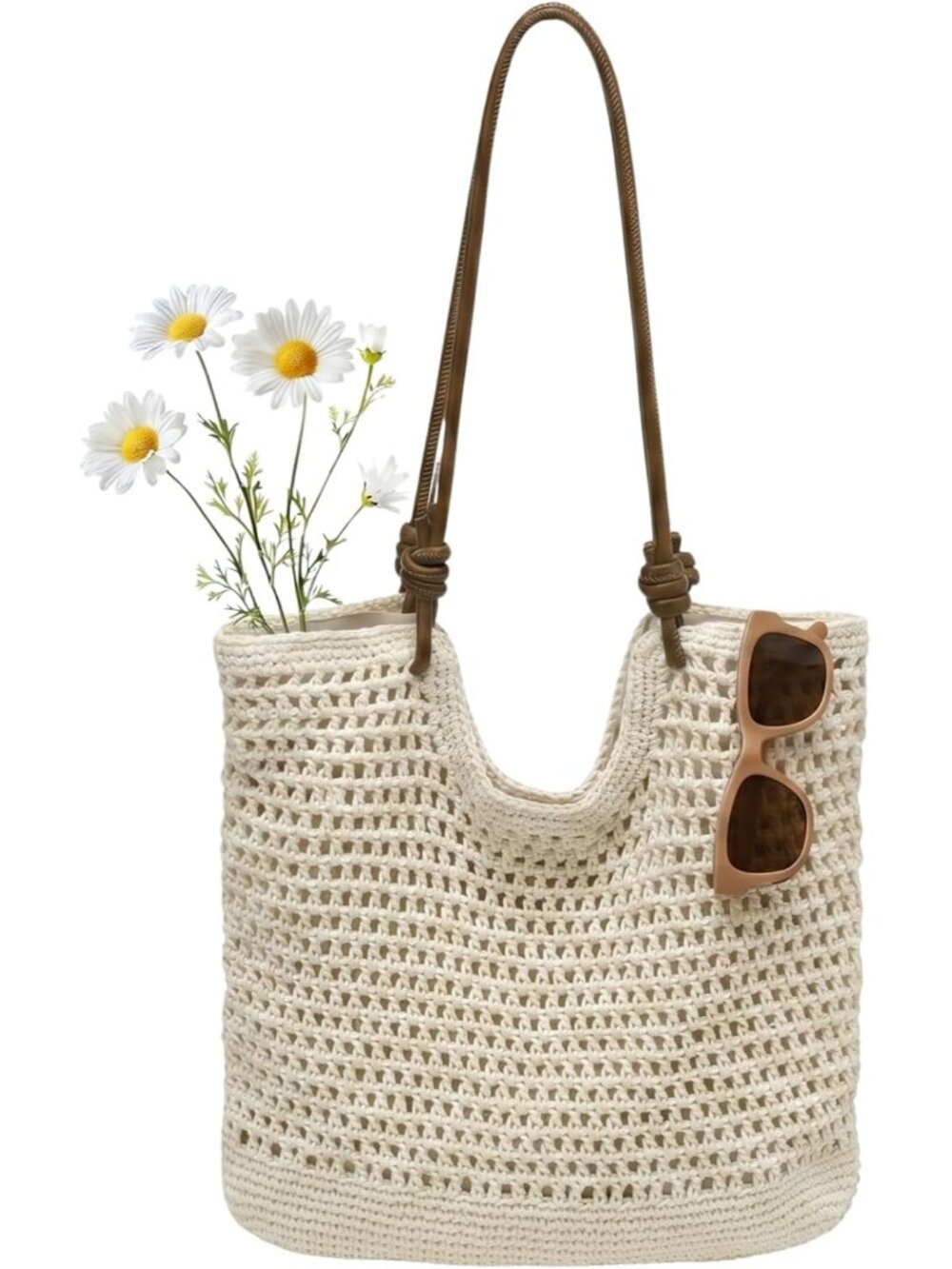 Handwoven Crochet Beach Bag for Women Cotton Rope Summer Woven Tote with Faux Le